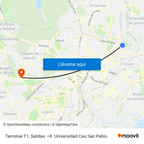 Terminal T1, Salidas to Universidad Ceu San Pablo map