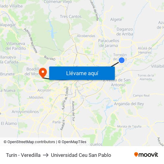 Turín - Veredilla to Universidad Ceu San Pablo map