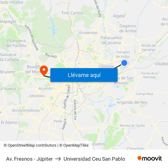 Av. Fresnos - Júpiter to Universidad Ceu San Pablo map