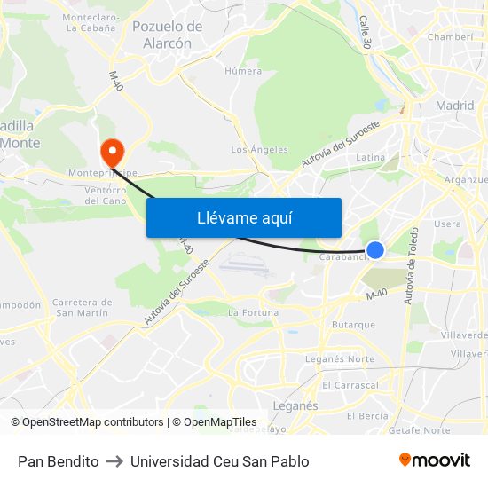 Pan Bendito to Universidad Ceu San Pablo map