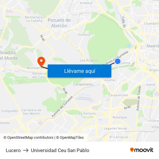 Lucero to Universidad Ceu San Pablo map