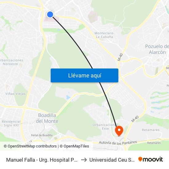 Manuel Falla - Urg. Hospital Pta. De Hierro to Universidad Ceu San Pablo map
