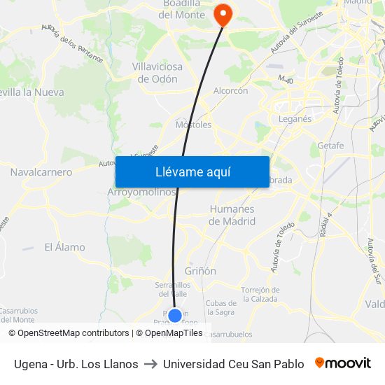 Ugena - Urb. Los Llanos to Universidad Ceu San Pablo map