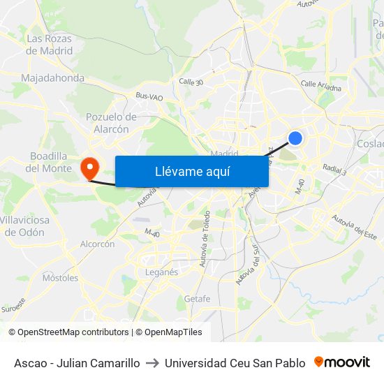 Ascao - Julian Camarillo to Universidad Ceu San Pablo map