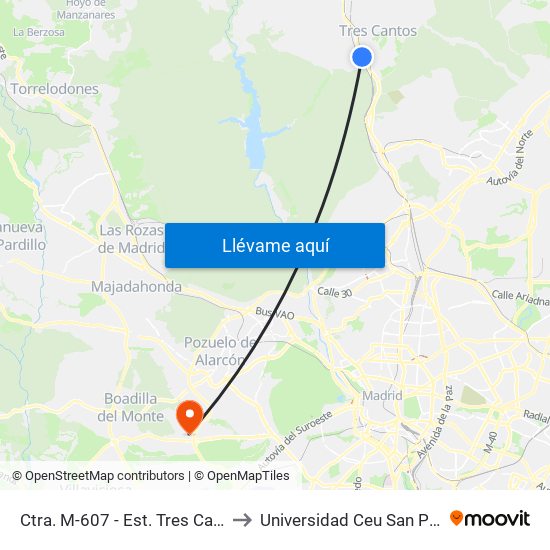 Ctra. M-607 - Est. Tres Cantos to Universidad Ceu San Pablo map