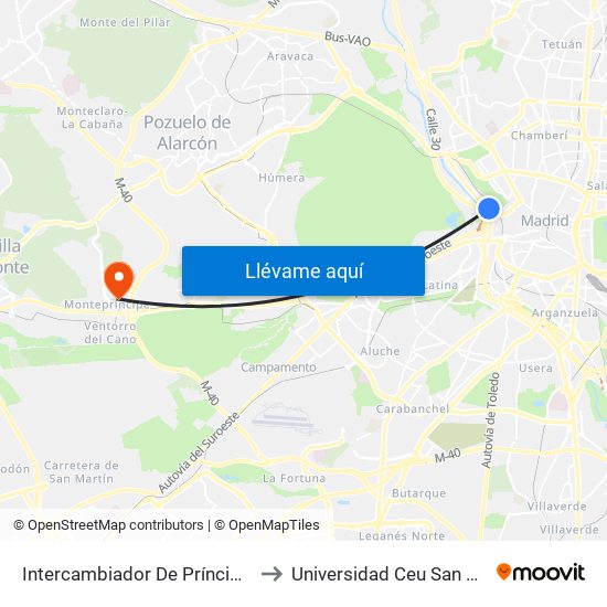 Intercambiador De Príncipe Pío to Universidad Ceu San Pablo map