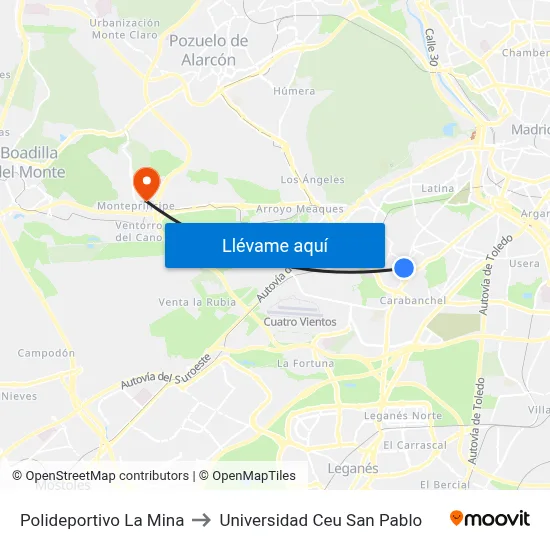 Polideportivo La Mina to Universidad Ceu San Pablo map