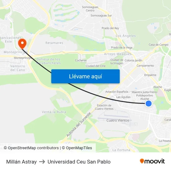 Millán Astray to Universidad Ceu San Pablo map
