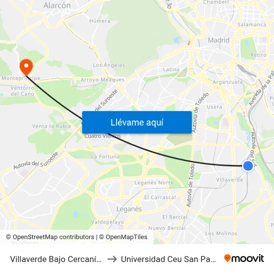 Villaverde Bajo Cercanías to Universidad Ceu San Pablo map