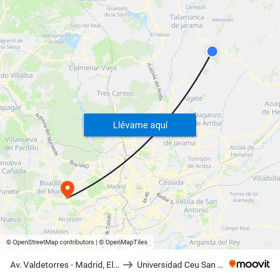 Av. Valdetorres - Madrid, El Casar to Universidad Ceu San Pablo map