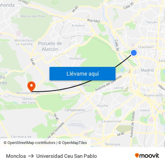 Moncloa to Universidad Ceu San Pablo map