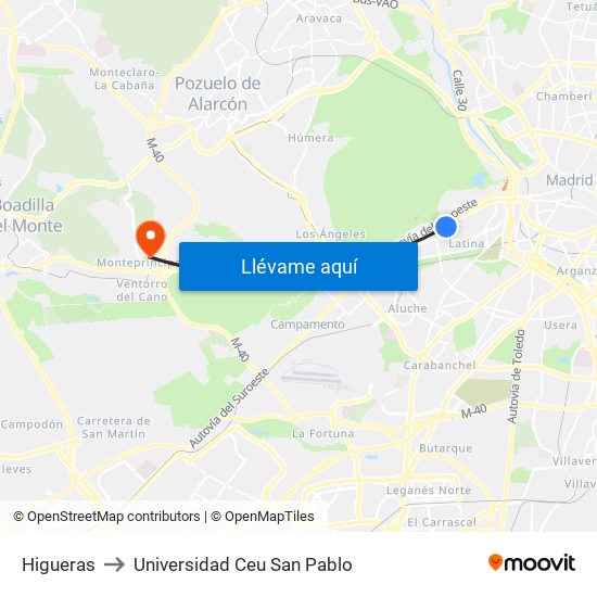 Higueras to Universidad Ceu San Pablo map