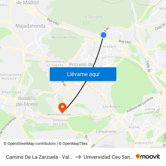 Camino De La Zarzuela - Valdemarín to Universidad Ceu San Pablo map