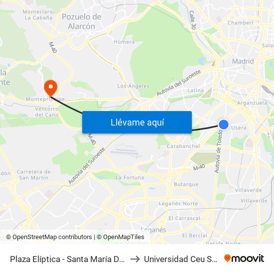 Plaza Elíptica - Santa María De La Cabeza to Universidad Ceu San Pablo map