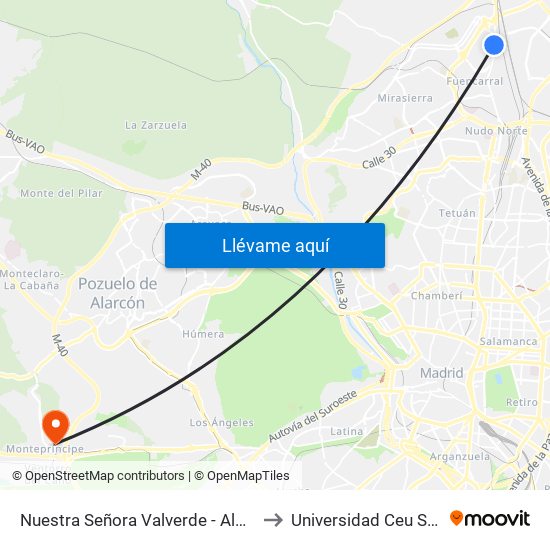 Nuestra Señora Valverde - Alonso Quijano to Universidad Ceu San Pablo map
