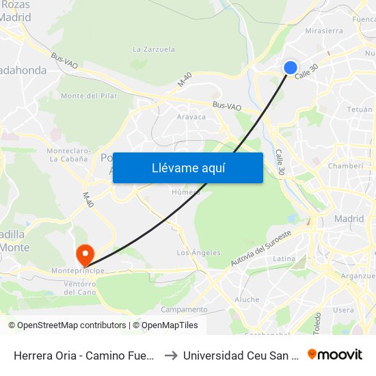 Herrera Oria - Camino Fuencarral to Universidad Ceu San Pablo map