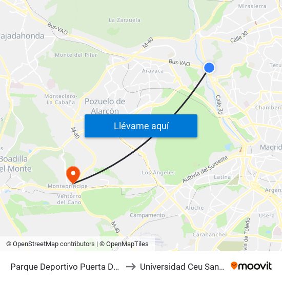 Parque Deportivo Puerta De Hierro to Universidad Ceu San Pablo map