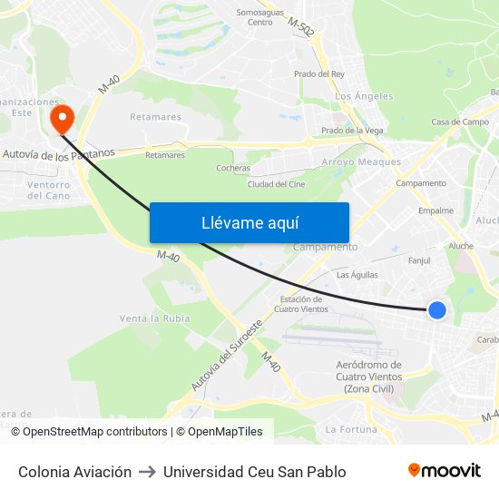 Colonia Aviación to Universidad Ceu San Pablo map