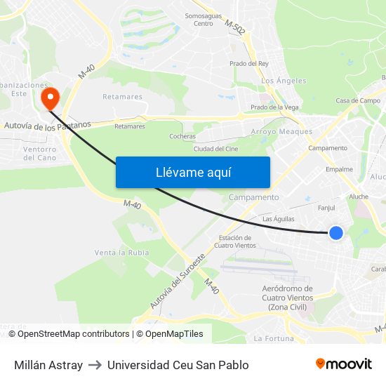 Millán Astray to Universidad Ceu San Pablo map