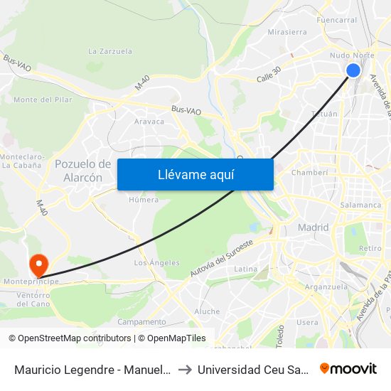 Mauricio Legendre - Manuel Caldeiro to Universidad Ceu San Pablo map