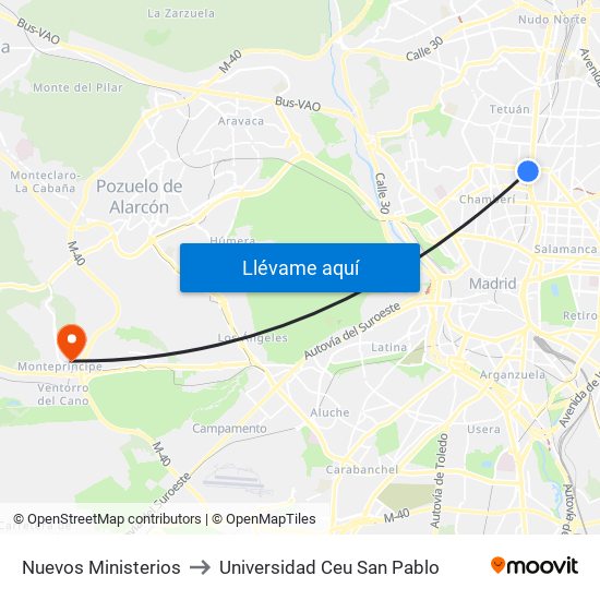 Nuevos Ministerios to Universidad Ceu San Pablo map