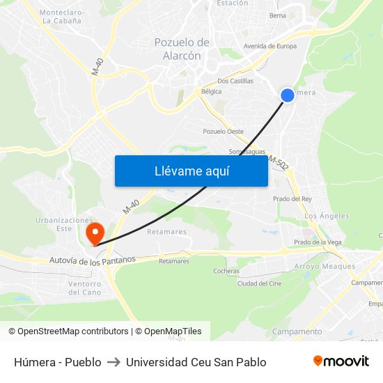 Húmera - Pueblo to Universidad Ceu San Pablo map