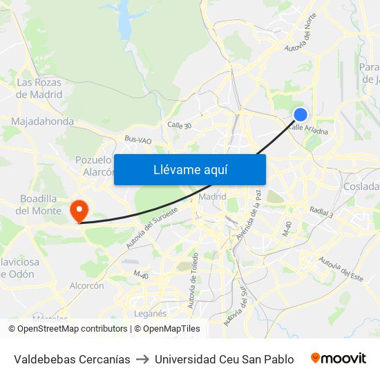 Valdebebas Cercanías to Universidad Ceu San Pablo map