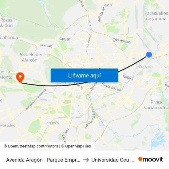Avenida Aragón - Parque Empresarial Pegaso to Universidad Ceu San Pablo map