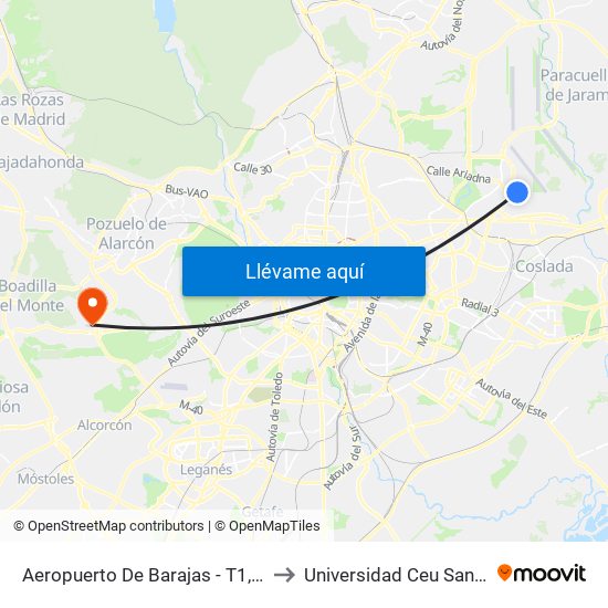 Aeropuerto De Barajas - T1, Madrid to Universidad Ceu San Pablo map
