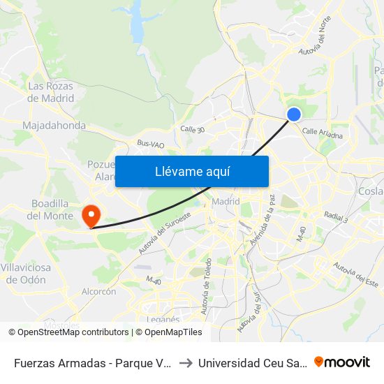 Fuerzas Armadas - Parque Valdebebas to Universidad Ceu San Pablo map