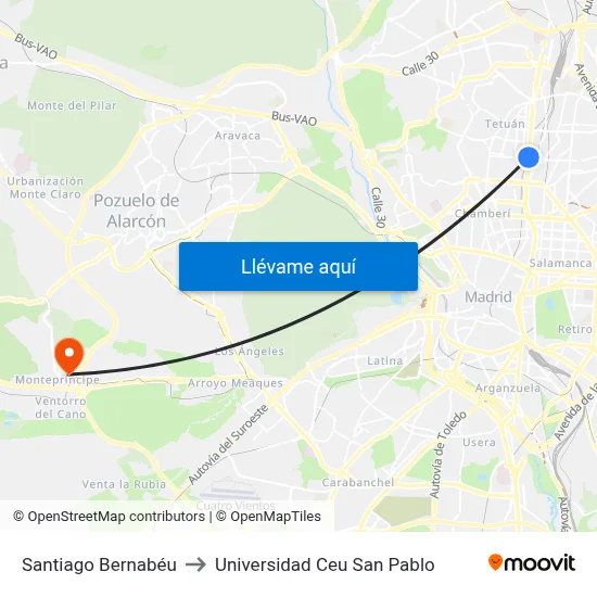 Santiago Bernabéu to Universidad Ceu San Pablo map