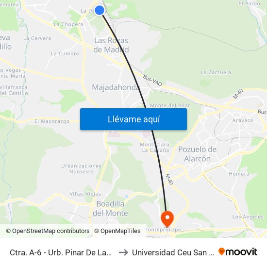 Ctra. A-6 - Urb. Pinar De Las Rozas to Universidad Ceu San Pablo map