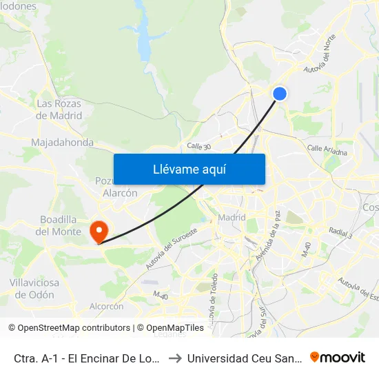 Ctra. A-1 - El Encinar De Los Reyes to Universidad Ceu San Pablo map