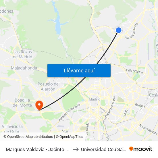 Marqués Valdavia - Jacinto Benavente to Universidad Ceu San Pablo map