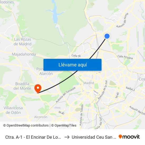 Ctra. A-1 - El Encinar De Los Reyes to Universidad Ceu San Pablo map