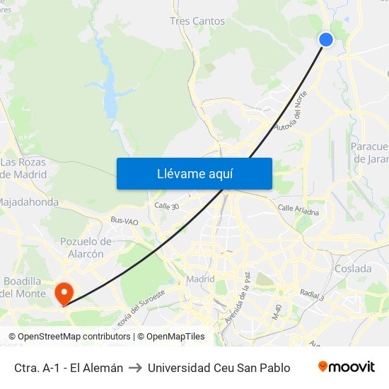 Ctra. A-1 - El Alemán to Universidad Ceu San Pablo map
