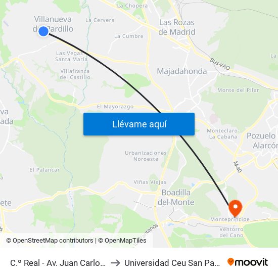 C.º Real - Av. Juan Carlos I to Universidad Ceu San Pablo map