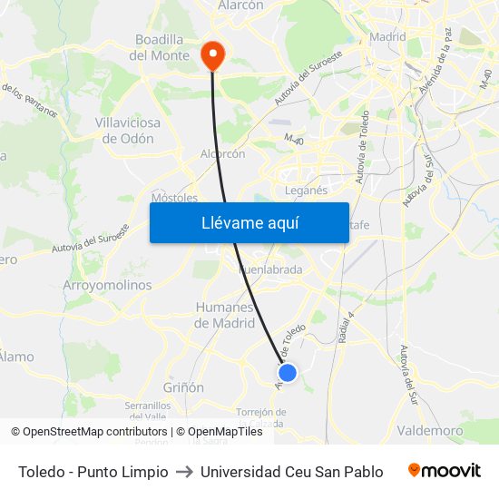 Toledo - Punto Limpio to Universidad Ceu San Pablo map