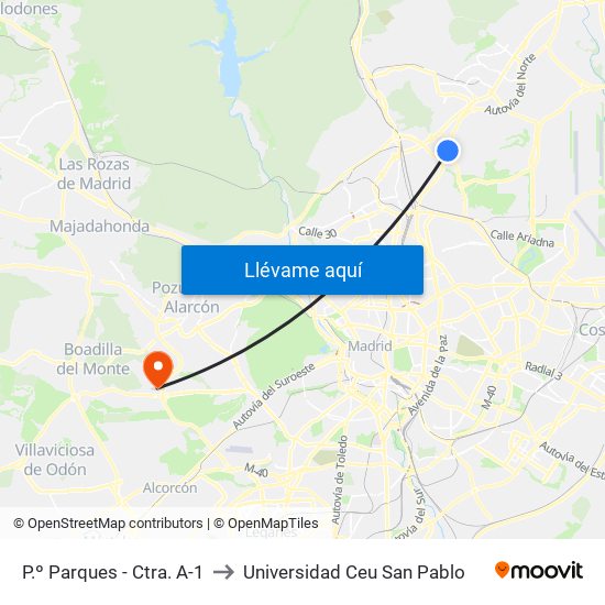 P.º Parques - Ctra. A-1 to Universidad Ceu San Pablo map