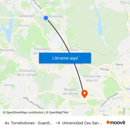Av. Torrelodones - Guardia Civil to Universidad Ceu San Pablo map