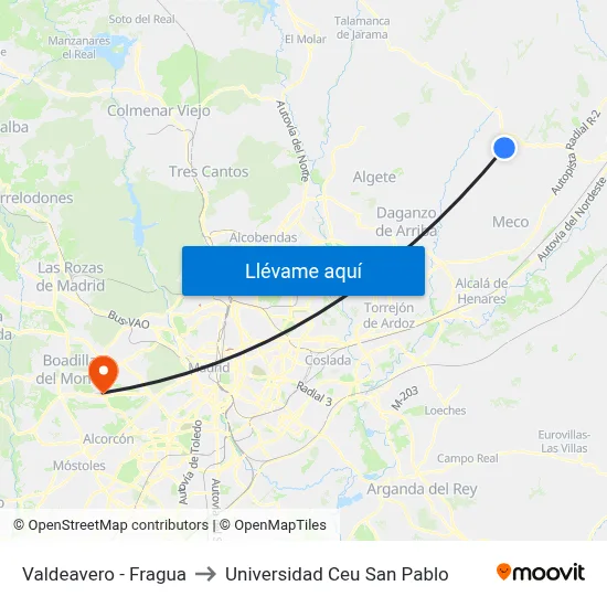 Valdeavero - Fragua to Universidad Ceu San Pablo map