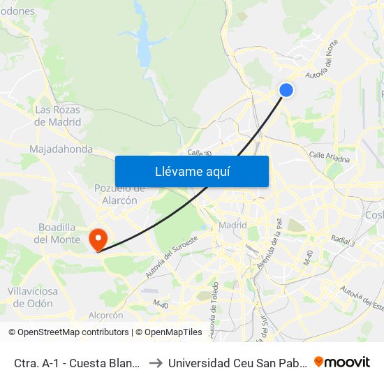 Ctra. A-1 - Cuesta Blanca to Universidad Ceu San Pablo map