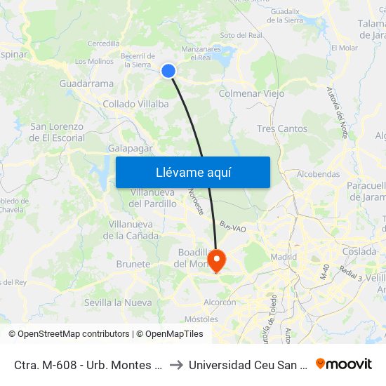 Ctra. M-608 - Urb. Montes Claros to Universidad Ceu San Pablo map