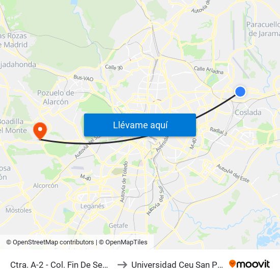 Ctra. A-2 - Col. Fin De Semana to Universidad Ceu San Pablo map