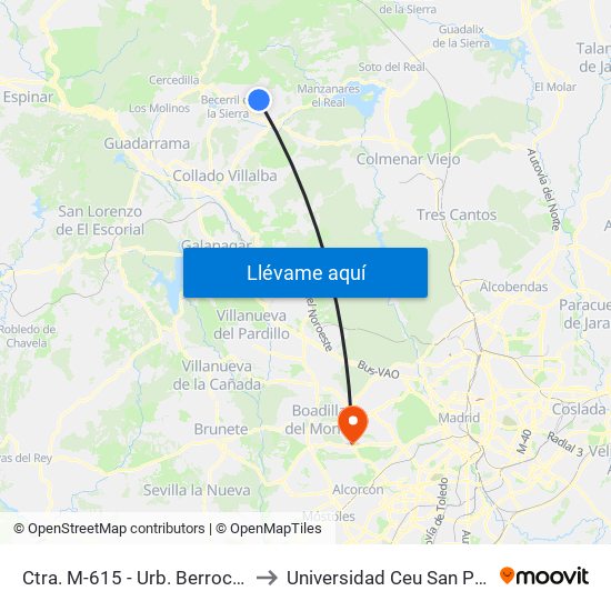 Ctra. M-615 - Urb. Berrocal IV to Universidad Ceu San Pablo map
