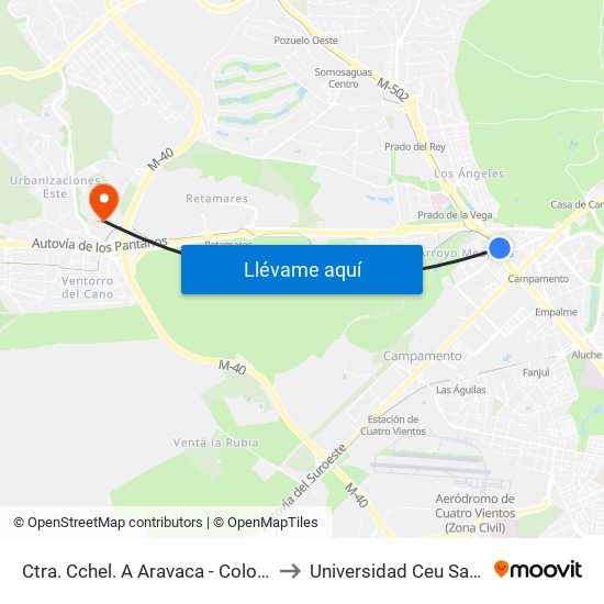 Ctra. Cchel. A Aravaca - Colonia Jardín to Universidad Ceu San Pablo map