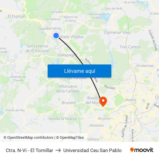 Ctra. N-Vi - El Tomillar to Universidad Ceu San Pablo map