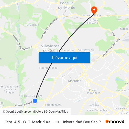 Ctra. A-5 - C. C. Madrid Xanadú to Universidad Ceu San Pablo map