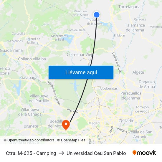 Ctra. M-625 - Camping to Universidad Ceu San Pablo map