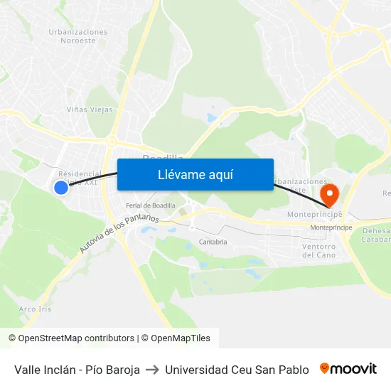 Valle Inclán - Pío Baroja to Universidad Ceu San Pablo map